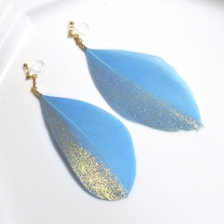 blue and gold goose feather boho invisible clip on earrings non pierced