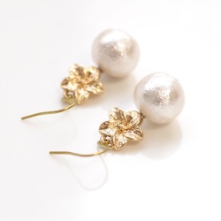 Dangle Gold Hibiscus Flower & White Cotton Pearl Titanium Earrings for Sensitive Ears, Hypoallergenic Earrings, Bridal Pearl Earrings