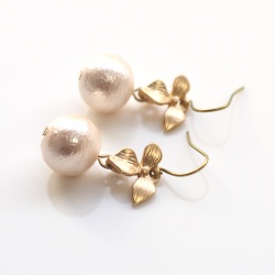 Dangle Gold Orchid Flower and Pink Cotton Pearl Titanium Earrings, Nickel Free Earrings, Bridal Pearl Earrings, Hypoallergenic Earrings