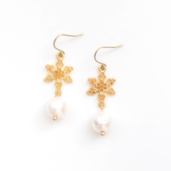 Dangle Gold Snow Crystals & White Cotton Pearl Titanium Earrings for Sensitive Ears, Hypoallergenic Earrings, Nickel Free, Bridal Earrings