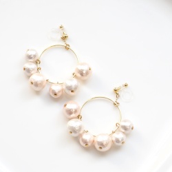Dangle Gold Hoop White & Pink Grapes Cotton Pearl Invisible Clip on Earrings