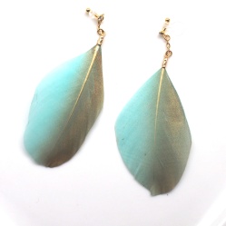 green and gold goose feather boho invisible clip on earrings non pierced