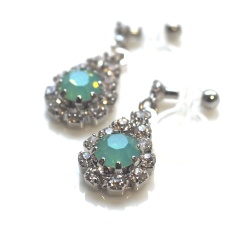 Dangle Teardrop Rhinestone and Mint Green Opal Crystal Invisible Clip On Earrings, Non Pierced Earrings, Bridal Crystal Clip On Earrings