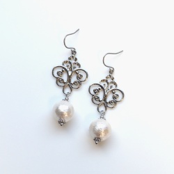 Chandeliers: Dangle Silver tone Rococo style Cotton Pearl Titanium Earrings for Sensitive Ears, Bridal Pearl Earrings, Hypoallergenic