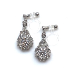 Dangle Teardrop Rhinestone and Crystal Invisible Clip On Earrings, Non Pierced Earrings, Bridal Crystal Clip On Earrings