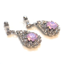 Dangle Teardrop Rhinestone and Pink Opal Crystal Invisible Clip On Earrings, Non Pierced Earrings, Bridal Crystal Clip On Earrings