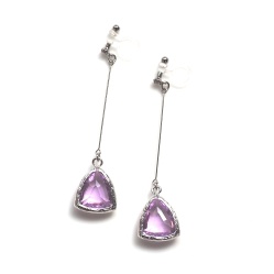 silver tone dangle triangle light pink crystal invisible clip on earrings