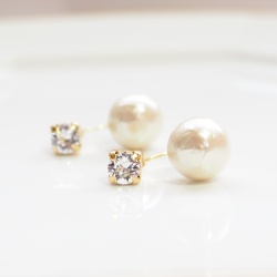 Double Sided Swarovski Crystal & Light Beige Cotton Pearl Titanium Earrings for Sensitive Ears, Hypoallergenic Double Pearl Earrings