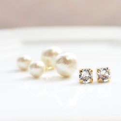 4 Way! Double Sided Swarovski Crystal & Light Beige Cotton Pearl Titanium Earrings for Sensitive Ears, Double Pearl Earrings, Triabal