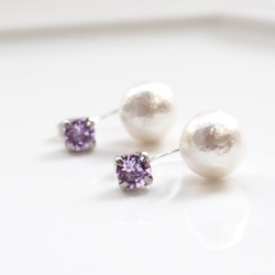 Double Sided Light Purple Vioelt Swarovski Crystal & White Cotton Pearl Titanium Earrings for Sensitive Ears, Double Cotton Pearl Earrings