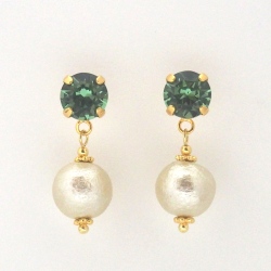 Erinate Swarovski crystal and golden light beige Japanese cotton pearl earrings