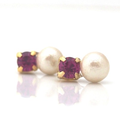 Totally Invisible Clip on Earrings: Fuchsia Swarovski and Light Beige Japanese Cotton Pearl Invisible Clip on Earrings