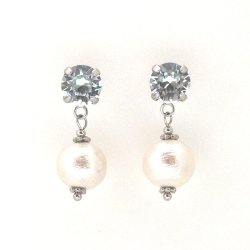 Light azore Swarovski crystal and white Japanese cotton pearl earrings