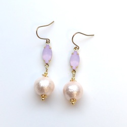 Light Purple Diamond Bijou & Pink Cotton Pearl Titanium Earrings for Sensitive Ears, Wedding Pearl Earrings, Hypoallergenic earrings