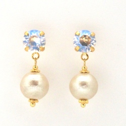Moon light Swarovski crystal and light beige Japanese cotton pearl earrings
