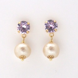Violet Swarovski crystal and light beige Japanese cotton pearl earrings