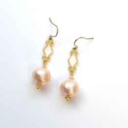 Diamond motif & Light Orange Japanese Cotton Pearl earrings, Titanium Earrings for Sensitive Ears,Bridal Earrings, Hypoallergenic Earrings