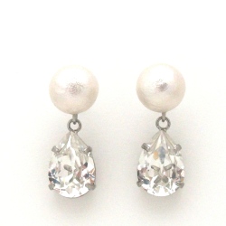 White Japanese cotton pearl and Swarovski teardrop crystal earrings