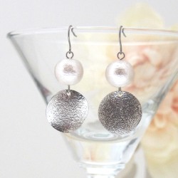 Shiny silver tone round plate and Japanese cotton pearl earrings