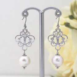 Silver tone rococo style white Japanese cotton pearl earrings