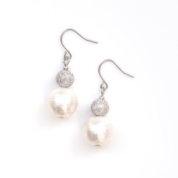 Snowballs: Dangle Silver Stardust Balls & White Cotton Pearl Titanium Earrings for Sensitive Ears, Hypoallergenic, Nickel Free Earrings