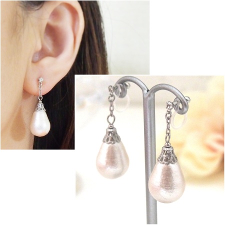 Dangle teardrop cotton pearl invisible clip on earrings_bridal pearl earrings1