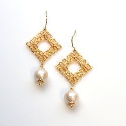 Gold Square Flower pattern filigree & Light Beige Japanese Cotton Pearl Titanium Earrings for Sensitive Ears, Hypoallergenic Earrings
