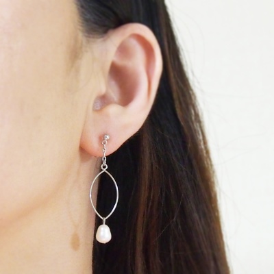 Dangle silver hoop & white freshwater pearl invisible clip on earrings