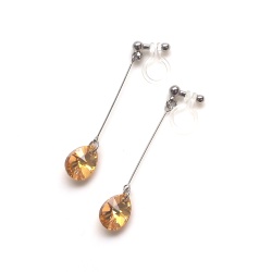 Pierced Look! Dangle 10mm Orange Crystal Metallic Sunshine Swarovski Teardrop Invisible Clip on Earrings, Clip-On Earrings,Bridal Clip Earrings