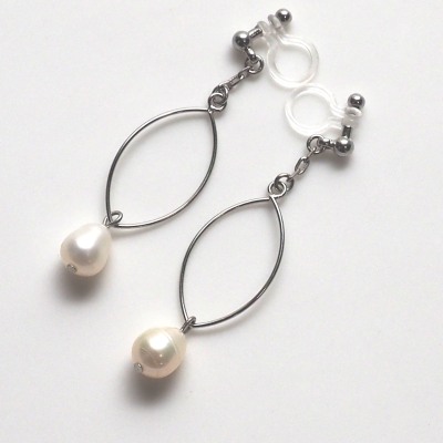 dangle silver hoop and freshwater pearl invisible clip on earrings 