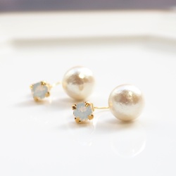 Double Sided Pale White Opal Swarovski Crystal & Light Beige Cotton Pearl Titanium Earrings for Sensitive Ears, Hypoallergenic Earrings