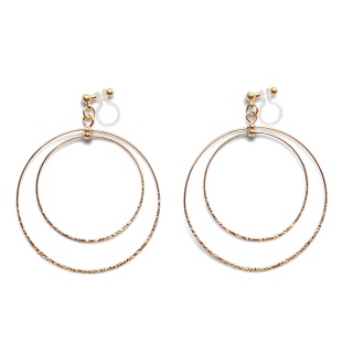Comfortable pierced look dangle shiny rotatable textured gold double circle hoop invisible clip on earrings MiyabiGrace 夾耳環 夾式耳環 イヤリング3.jpg