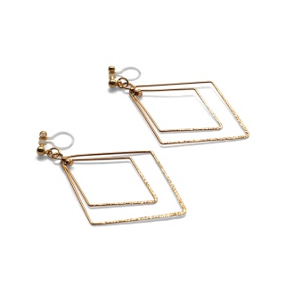 Comfortable pierced look dangle shiny rotatable textured gold double square diamond hoop invisible clip on earrings MiyabiGrace 夾耳環 夾式耳環 イヤリング5.jpg