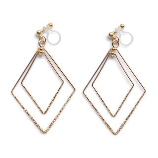 Comfortable pierced look dangle shiny rotatable textured gold double square diamond hoop invisible clip on earrings MiyabiGrace 夾耳環 夾式耳環 イヤリング3.jpg