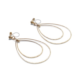Comfortable pierced look dangle shiny rotatable textured gold double teardrop hoop invisible clip on earrings MiyabiGrace 夾耳環 夾式耳環 イヤリング5.jpg
