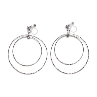 Comfortable pierced look dangle shiny rotatable textured silver double circle hoop invisible clip on earrings MiyabiGrace 夾耳環 夾式耳環 イヤリング3.jpg