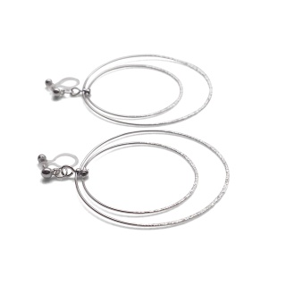 Comfortable pierced look dangle shiny rotatable textured silver double circle hoop invisible clip on earrings MiyabiGrace 夾耳環 夾式耳環 イヤリング5.jpg