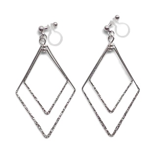 Comfortable pierced look dangle shiny rotatable textured silver double square diamond hoop invisible clip on earrings MiyabiGrace 夾耳環 夾式耳環 イヤリング3.jpg