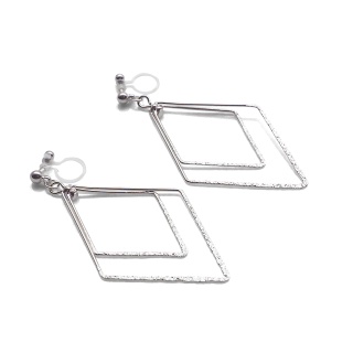 Comfortable pierced look dangle shiny rotatable textured silver double square diamond hoop invisible clip on earrings MiyabiGrace 夾耳環 夾式耳環 イヤリング5.jpg
