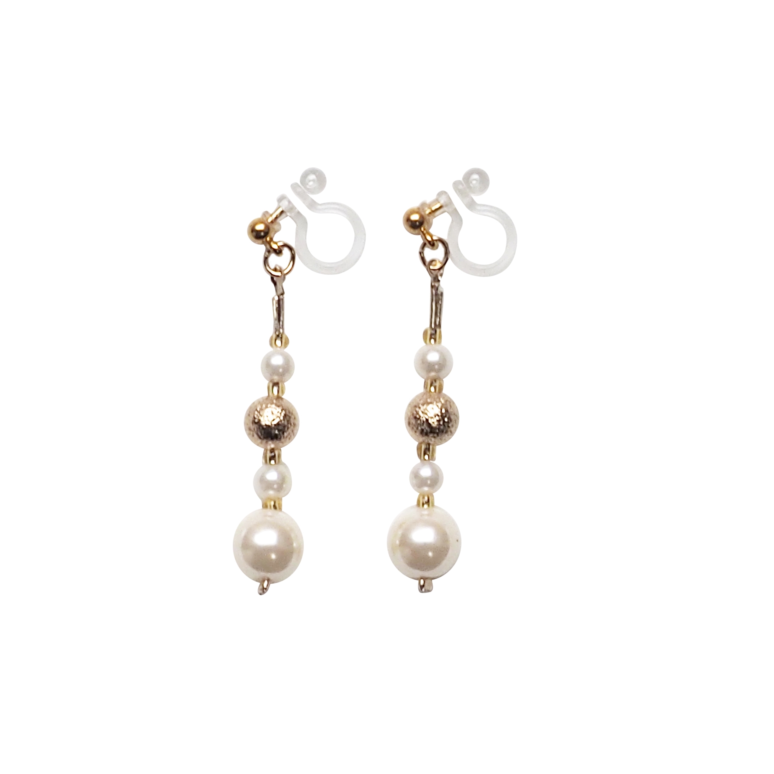 Comfortable gold ball white pearl dangle invisible clip on earrings   (1).jpg