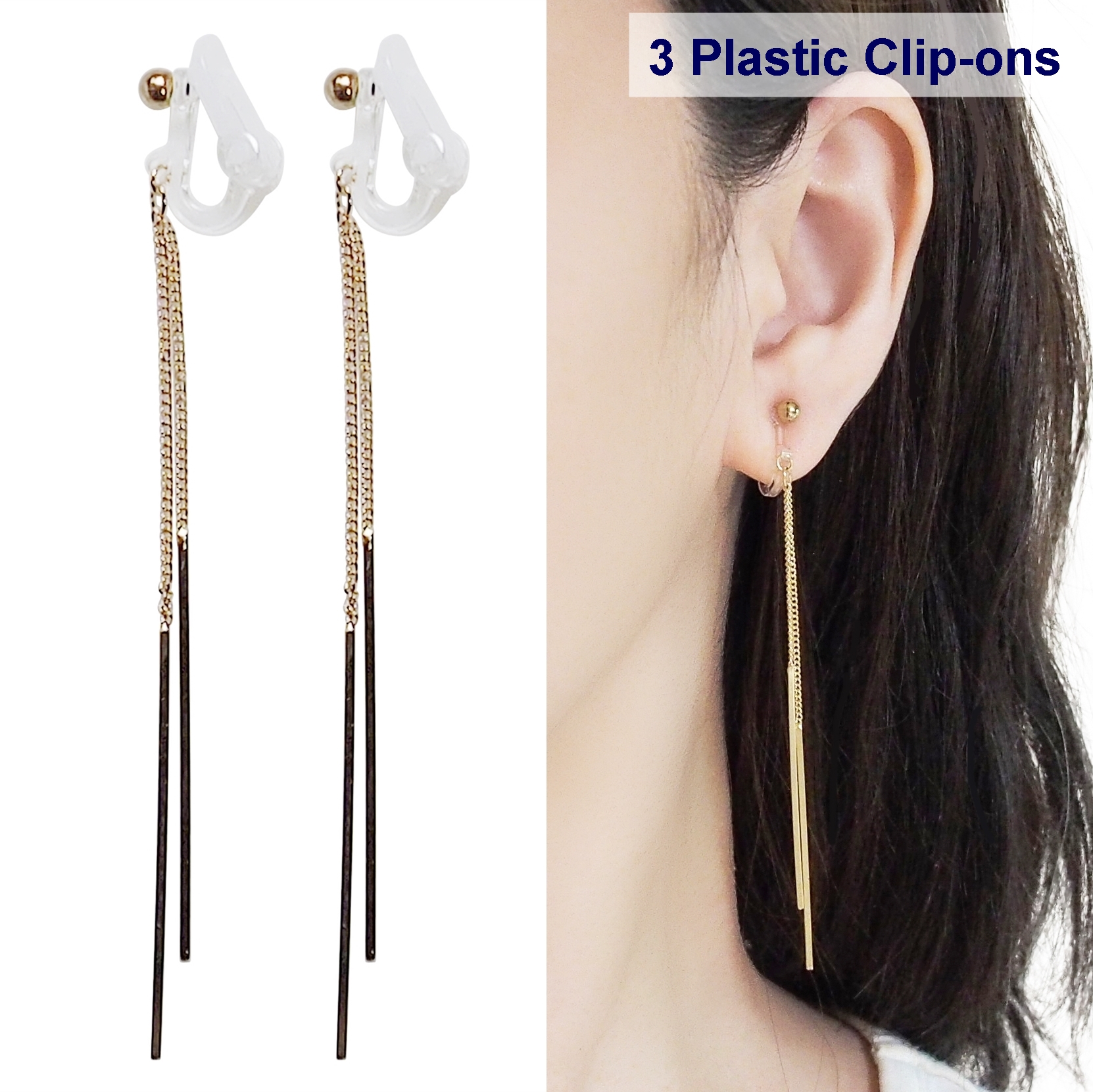comfortable pierced look dangle gold stick plastic clip on earrings Miyabi Grace 5.jpg