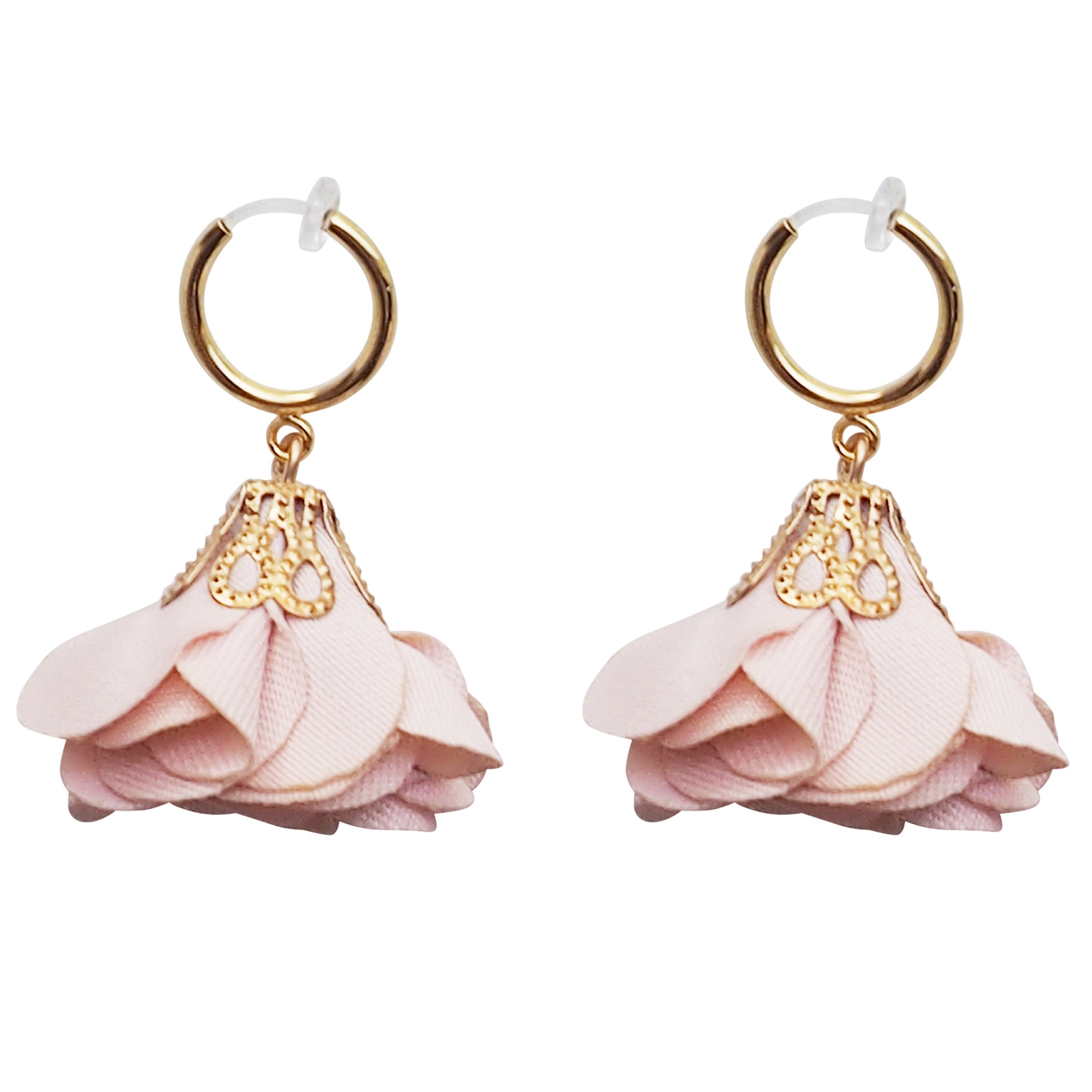 Comfortable pierced look pink flower fabric tassel resin clip on earrings Miyabi Grace.jpg