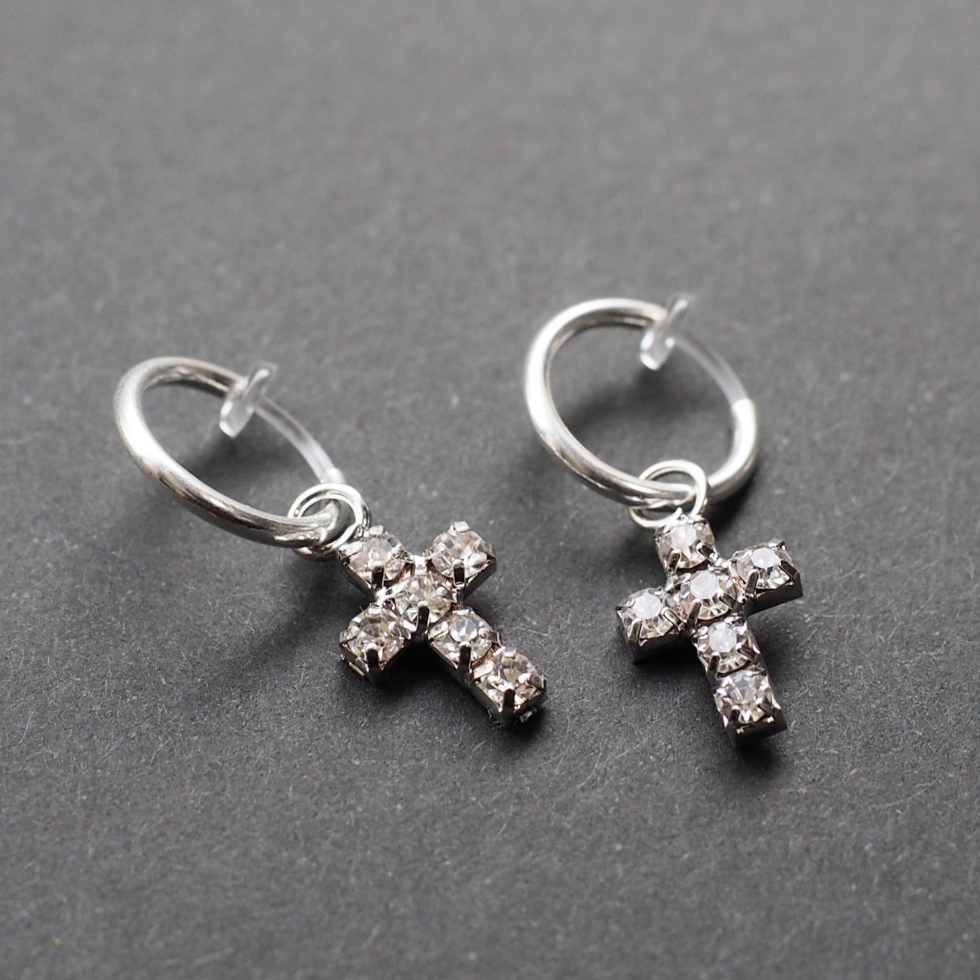 Comfortable pierced look silver rhinestone crystal cross resin plastic clip on hoop earrings MiyabiGrace (2).JPG