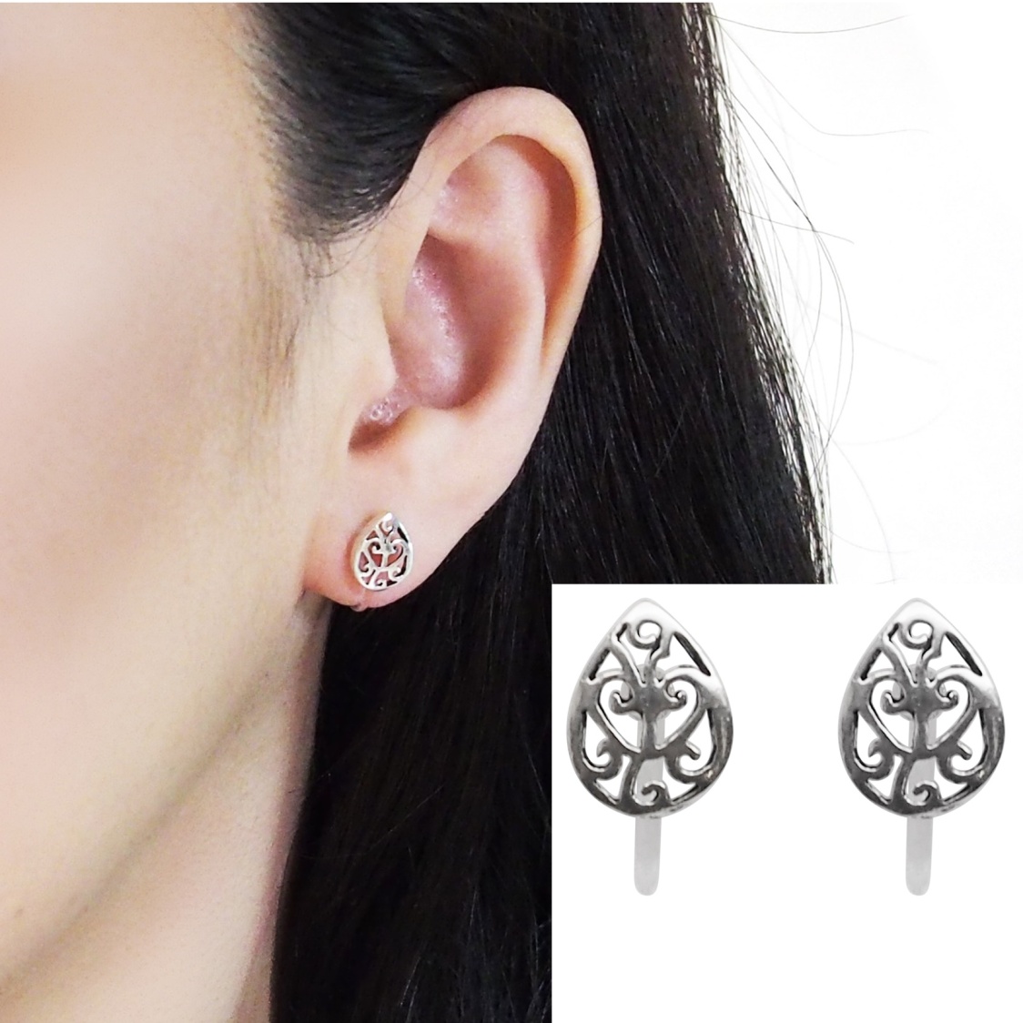 Comfortable pierced look Teardrop filigree sterling silver invisible clip on earrings Miyabi Grace 5.jpg